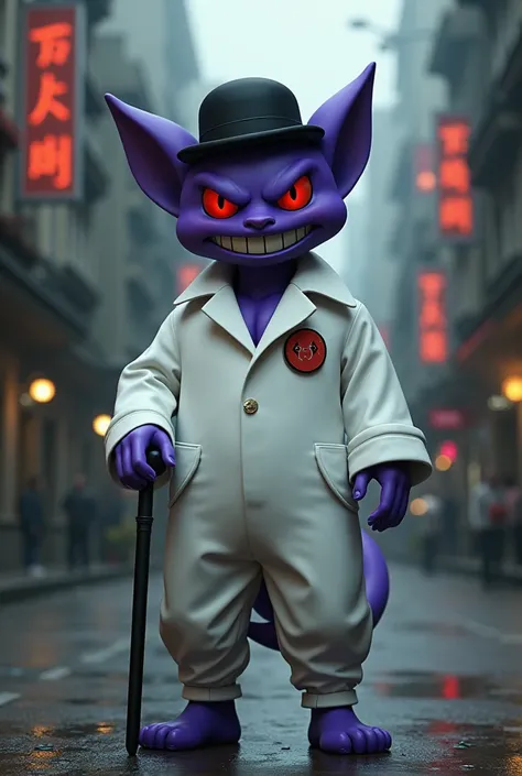 Create an image of Gengar dressed as Alex in a Clockwork Orange 
