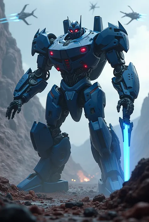 A very dark blue Transformer with red with blue eyes that transforms into a Rimac fridge with a blue sword into a metallic alien planet with a war and alien ships in the background