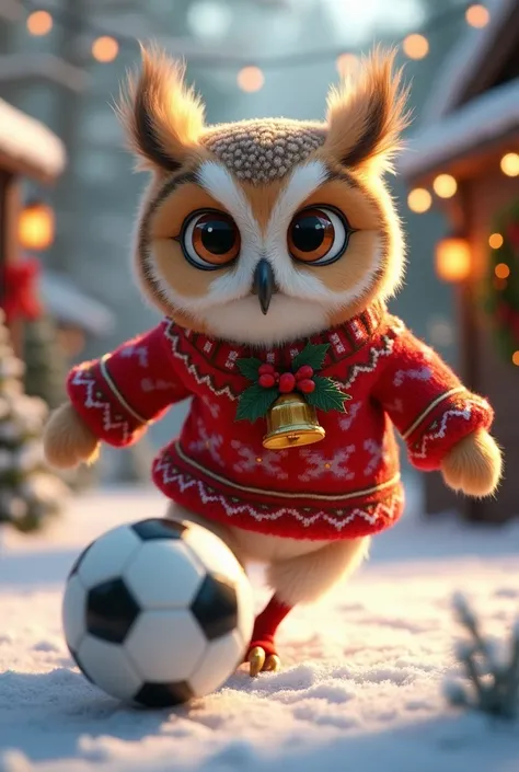 Animated owl doing sports Christmas dress, with a soccer ball 