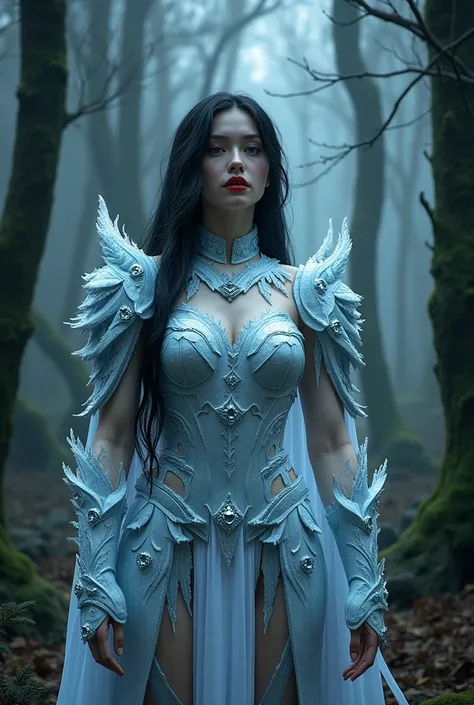 Ice princess in armor in a black forest and big red lips 