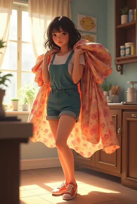 1 young, shorts,  1 , carrying on the shoulder, long floral dress, apron, Room