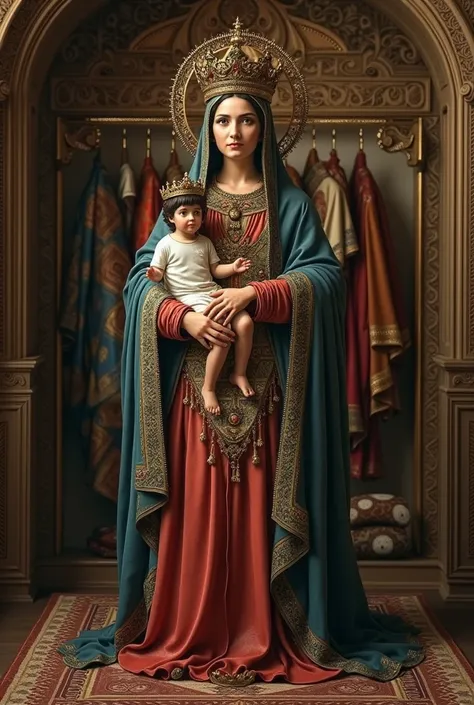 Beautiful, gorgeous and hyperrealistic, IMPASTO TECHNIQUE. LIKE LEGEND OF THE CRYPTIDS, FULL BODY. trending on artstation. In Fibonacci art technique. IN CUBISM ART. in action (((HOLY VIRGIN MARY OF CARMEL AND  JESUS. . with catholic accessories. minimalis...