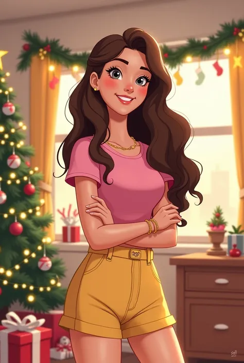 Create a cartoon-style image of a  with gray eyes bracelet, long curly brown hair dressed in yellow shorts and pink blouse in a room decorated for Christmas.