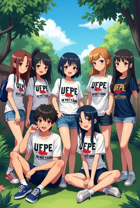 I WANT AN ANIME-STYLE IMAGE WITH COLLEGE STUDENTS DRESSED IN THE WRITTEN SHIRT "UFPE IN MY BACKYARD"