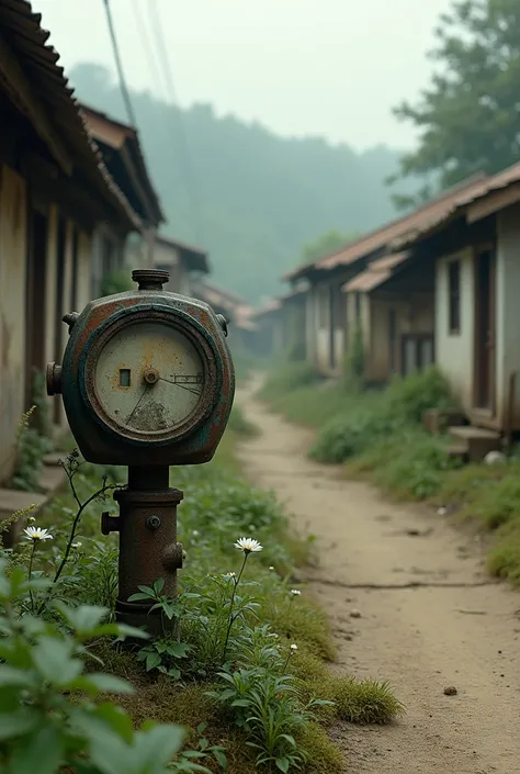 An unkept water meter in the village