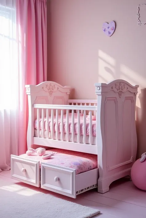 Design a baby crib that has drawers and is pink and purple in color