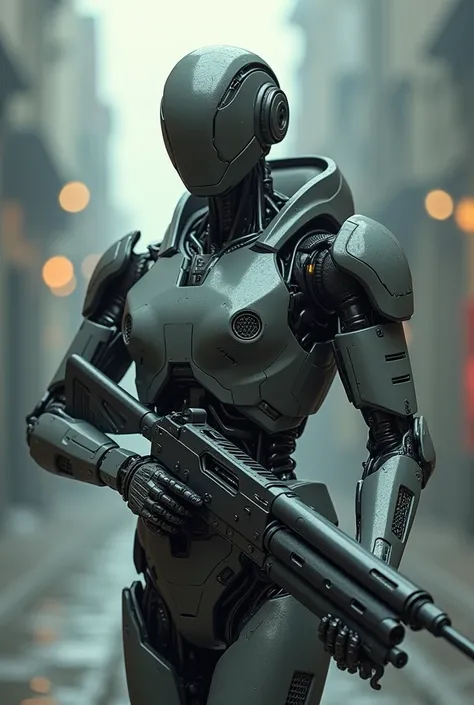 Human being with legs and head of a robot in futuristic armor holding a futuristic machine gun. blurred background in cyberpunk style 