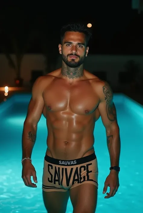  Creates a cinematic image of a 30-year-old Latino man with a profiled beard and blue eyes,  black hair shaved on the sides stylo tupé hairstyle , neck tattoos ,  left lip piercing , beautiful chest ,  wearing boxer shorts printed with letters  "sauvage " ...