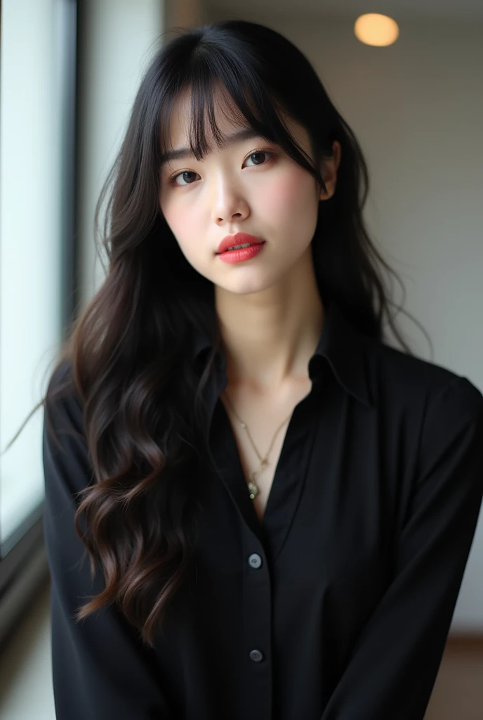 Arafed Asian woman with long hair and black blouse, she has black hair with bangs,   An Asian woman , with bangs, with full bangs,  with black buttocks , Mai Anh Tran, Beautiful South Korean woman, retrato sophie mudd, Xisionwu, beautiful asian girl, beaut...