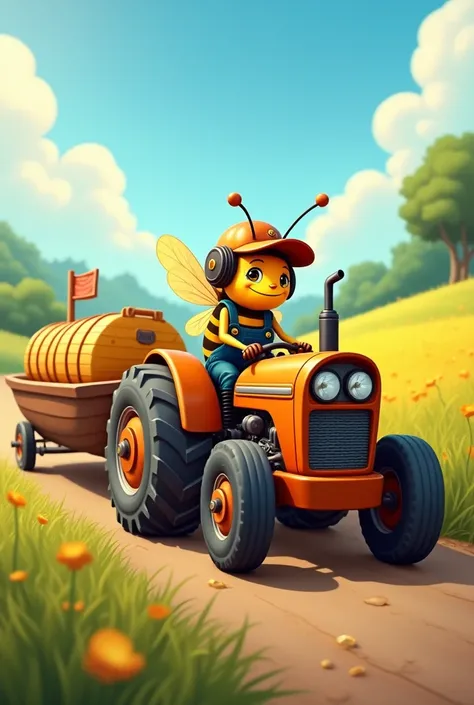 A bee on a tractor pulling a trawler with barrels of honey
