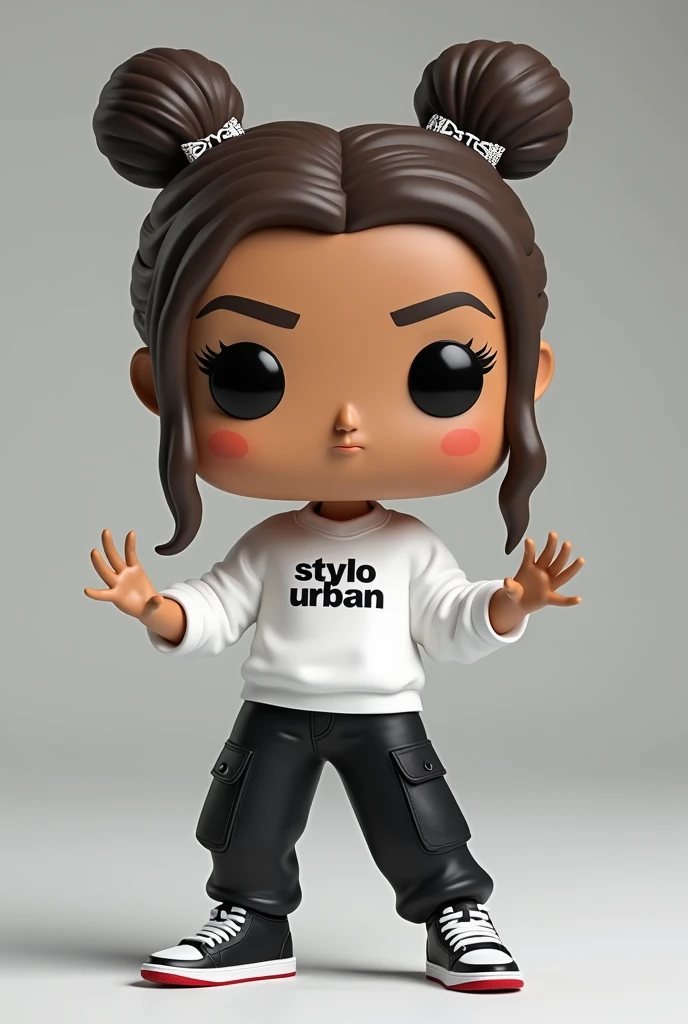 Funko for girls  ,  brown hair with two bows , tightly tied hair with a clear forehead , He has short hair loose from behind,  style claws ,  white sweatshirt with the initials STYLO URBAN,  black cargo pants ,  Air Jordan sneakers ,  dancing break dance  ...