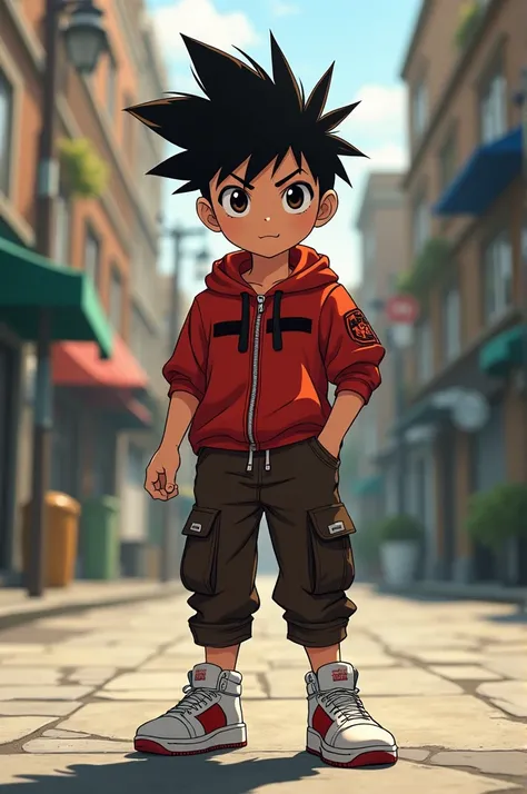 Do it in the style of the anime Hunter x Hunter ,  do it in the traits of Togashi author of Hunter x Hunter ,  male character,  boy, naughty boy,  wears stret clothes a red blouse with black details,  a dark brown cargo sweatshirt shorts , white and red sn...