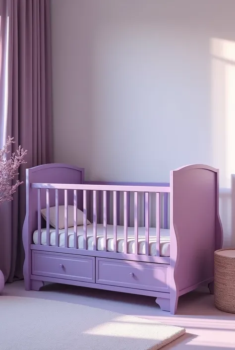 Design a crib for a baby that has drawers and is purple with violet in color