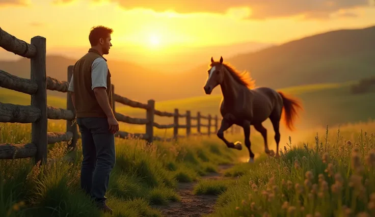 A farmer standing beside a wooden fence, watching his beautiful horse run away into a golden sunset, his face calm and reflective, with rolling green hills in the background, hyper-realistic and vibrant colors."

