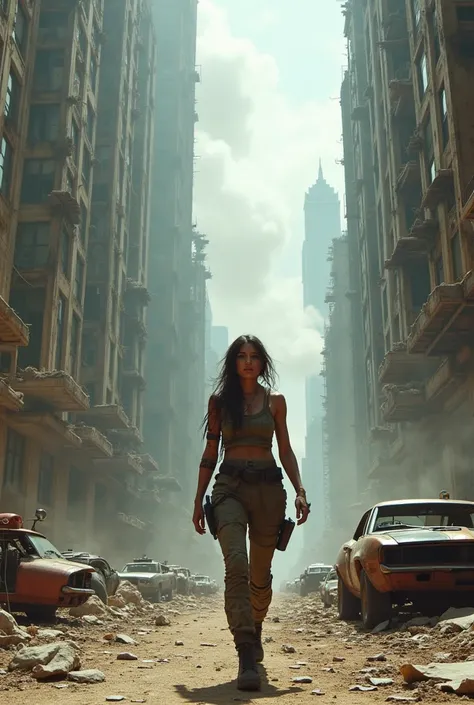  There is an 24 year old woman dressed for combat walking down the street all dirty in the centre of an ultra futuristic rusty and dirty post apocalyptic city during the day with huge buildings with hundreds of abandoned apartments and broken windows. Ther...