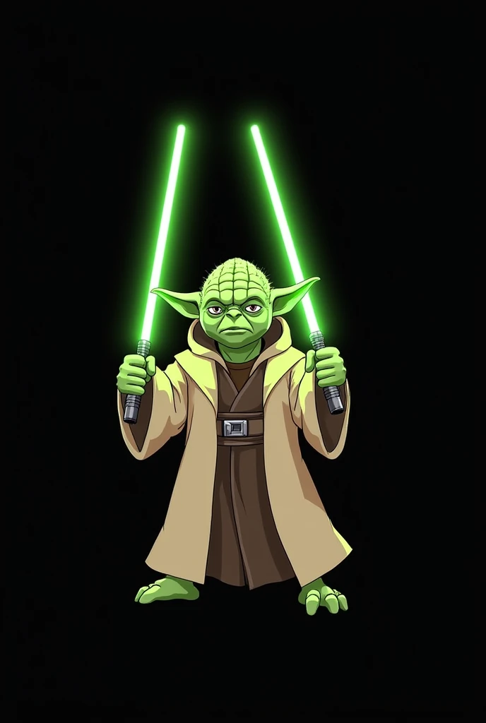 The image depicts Yoda, a character from Star Wars. He is standing in a battle pose, holding a green lightsaber in each hand. Yoda is dressed in traditional Jedi garb: a light brown hooded robe and dark tunic. He has green skin, large ears, and a wrinkled ...