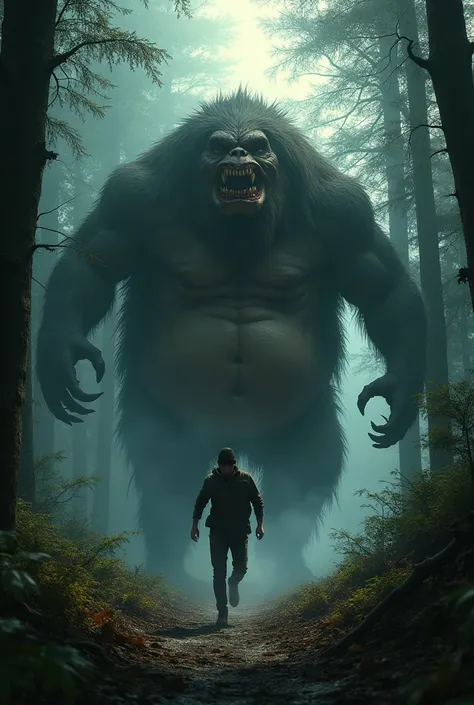 A scary monster in the forest that runs after Artem with his belly 