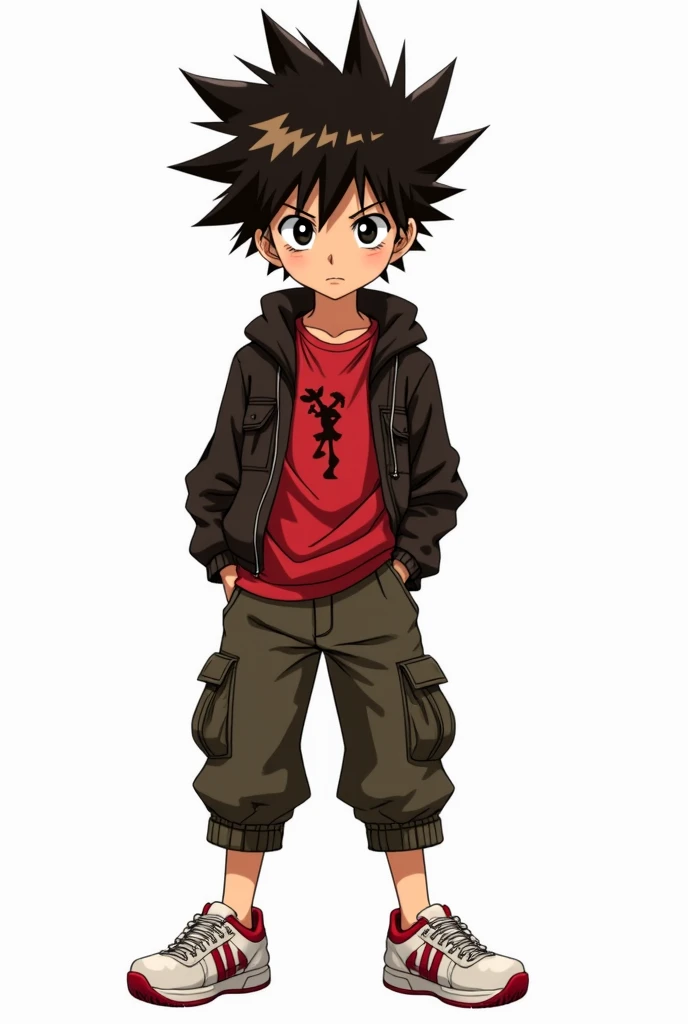 Do it in the style of the anime Hunter x Hunter ,  do it in the traits of Togashi author of Hunter x Hunter ,  male character,  boy, naughty boy,  wears stret clothes a red blouse with black details,  a dark brown cargo sweatshirt shorts , white and red sn...