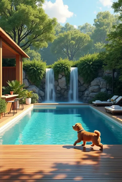  Pool with wooden deck .3d studio Max .Hook . dog.cascade .stones . garden. wet bar .trampoline.realism 