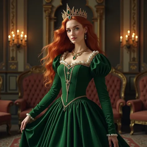 Women wirh reddish-brown hair and a tiara, She is wearing a green Tudor style dress and a seven point star necklace standing in her room in the castle

