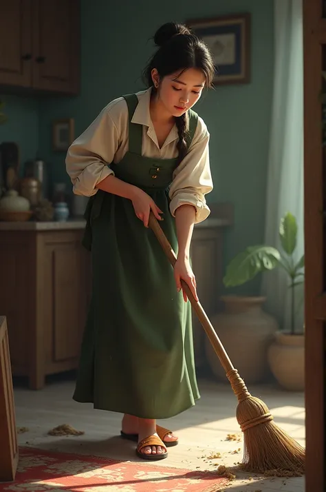 A woman cleaning with a broom 