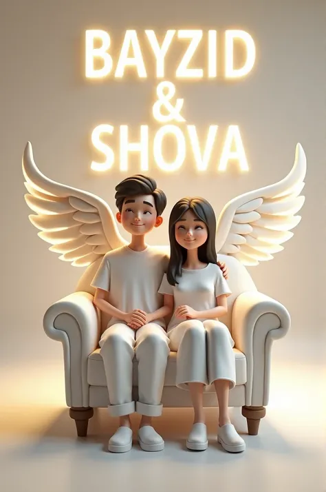 create a 3D realistic Image where a couple in white casualy on a wingback chair, looks ahead the backaround features "Bayzid & Shova in big and capital white fonts on the rad lighting wall. There should not be shadow, and wings should be added to make it a...