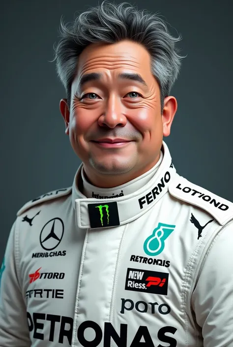 Person wearing a F1 Mercedes race suit. He has Light blue eyes, very short curly Black and White hair. He is 50 years old. 185 cm tall and 105 kg. He looks chubby in the face with two chins. He is Light skinned but not as much as japanese people, he is in ...