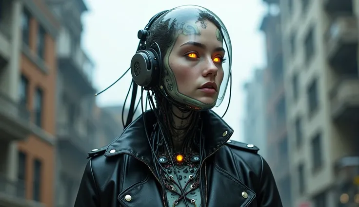 A person with cyberpunk-style mechanized body parts stands out. Its transparent skin reveals circuits and cables, while their eyes glow with colored LEDs. The members are a mixture of flesh and metal, with advanced prosthetics and cybernetic interfaces.  w...