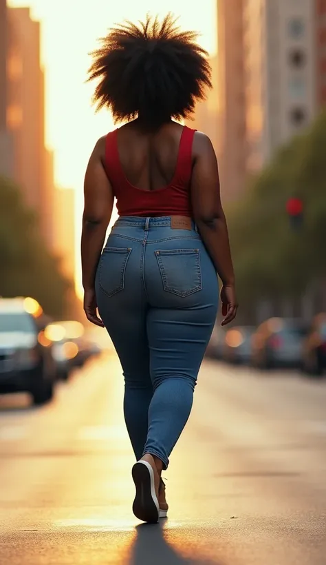 "A slightly curvy Black woman walking confidently away from the viewer, her figure accentuated by tight denim jeans. Her large, well-defined glutes stand out, and her natural hair is styled in a voluminous afro. The background is a sunny urban street with ...