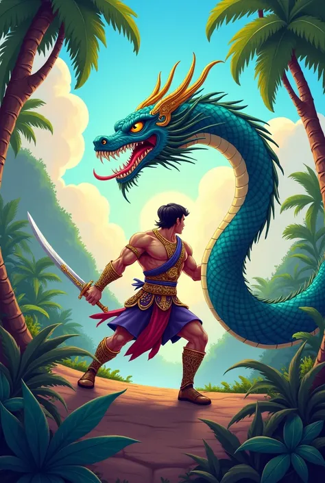 Art with Thai warrior and Naga cartoon style 