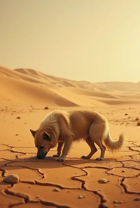 **Prompt:**  
"A thirsty dog in the middle of a vast desert, bending down to lick the dry, cracked earth in desperation for water. The dog has dusty fur and a determined but hopeful posture, reflecting the struggle to survive in the harsh environment. Surr...