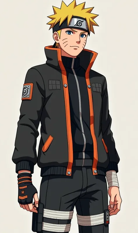 
Black jacket with functional details :

 The Naruto jacket ,  tight and with defined lines ,  would fit perfectly on Piltover ,  with a more industrial and detailed design .
 The black and orange base would remain a symbol of energy and youth ,  showing t...