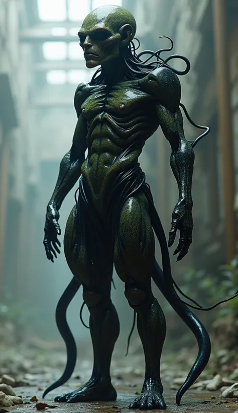 A  with a humanoid body ,  but with one arm completely transformed into a viscous black tentacle that twists on its own.  His face is partially deformed ,  as if it were melting .