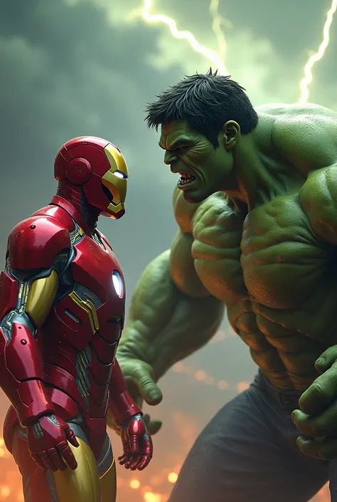 Create a dramatic scene where [ironman] and Hulk are facing eachother, both in powerful, battle-ready stances. Their expressions should convey intense determination and strength. The background should be dynamic and electrifying, reflecting the high stakes...