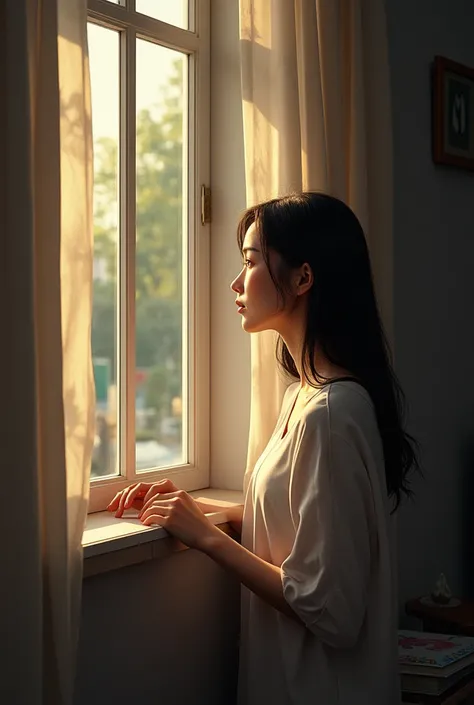 Une femme dans une maison regarde dans la fenette