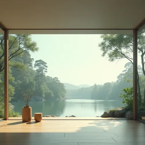 View of the forest and lake from the interior of a minimal room