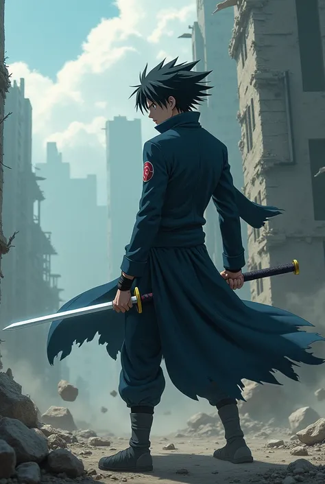 Uchiha Sasuke is on the battlefield against the backdrop of a destroyed building complete with a sword and a cool suit