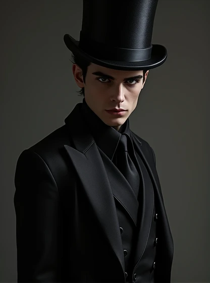  A man, lorde,  black hair,  white skin , beautiful and sexy, With a black suit and top hat 