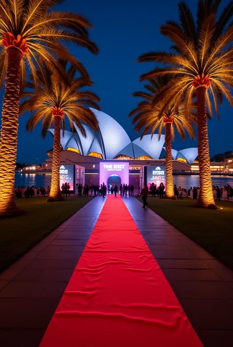 
 Entry of The Best FIFA themed evening gala event at the iconic Sydney Opera House , with [SEU PROMPT]  on a Burgundy Carpet that extends to the entrance , flanked by large illuminated palm trees . Banners elegantes with o logotipo The Best FIFA em tons n...