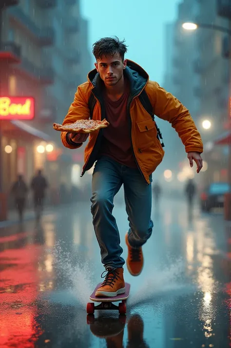 Image of man skating and eating pizza in the rain 
