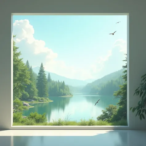 forest and lake view and flying birds from inside a minimal room
