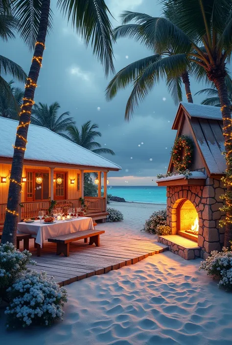 A beautiful beach house decorated for Christmas during a snowy Christmas in the Southern Hemisphere. Despite the summer setting, snow is gently falling, creating a surreal winter atmosphere. The house is located on a sandy beach, with palm trees wrapped in...