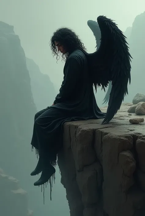 A young fallen angel man , with black wings and long curly black hair hiding her face,  wearing a black robe sitting on the edge of a cliff 