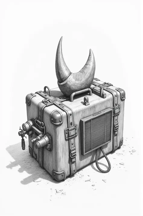  A pencil drawing of a suitcase with a rhinoceros horn, a solar panel on the front and power tools 
