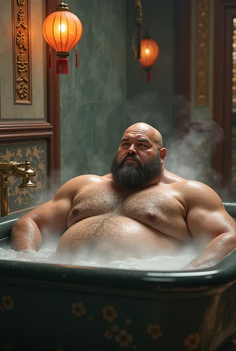 Uncle China with hairy muscles takes a bath.