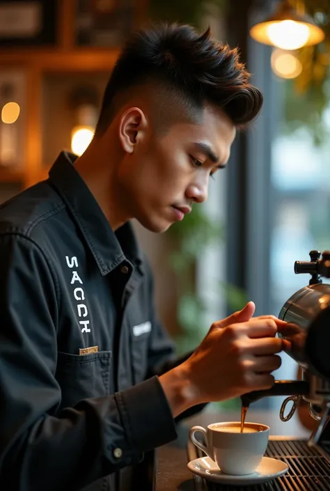 portrait of 25 year old Indonesian man with short undercut hair, branded clothes, making coffee, coffee shop background, Nikon D850 Sigma 105 mm f/1.4 DG HSM art