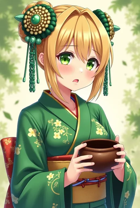 A beautiful tall waifu of 30 years old with blond hair, bright green eyes with big breasts holding a pot ,  wearing a beautiful green kimono with spring ornaments with a beautiful green crimper with jewels of the same color in her hair that she is posing w...