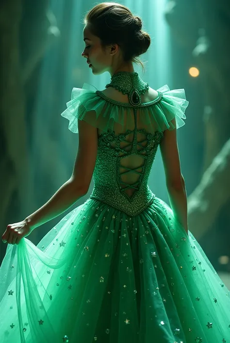  Dress Made of layers of fine fabric in shades of green bright and subtle,  shimmering white ,  the skirt seemed to float and flow with each movement he made .  The fabric was soft and delicate ,  adorned with thousands of sparkling crystals that shone und...