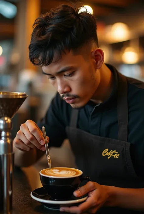 portrait of 25 year old Indonesian man with short undercut hair, branded clothes, making coffee, coffee shop background, Nikon D850 Sigma 105 mm f/1.4 DG HSM art