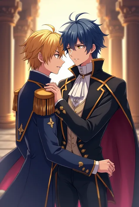 anime, two people together ,  Two men together,  Male male, light skin,  blond hair , blue eyes,  elegant uniform with cape , Protegiendo a  Male male, light skin,  dark blue hair ,  yellow eyes, elegant clothes, temple, scared or angry 